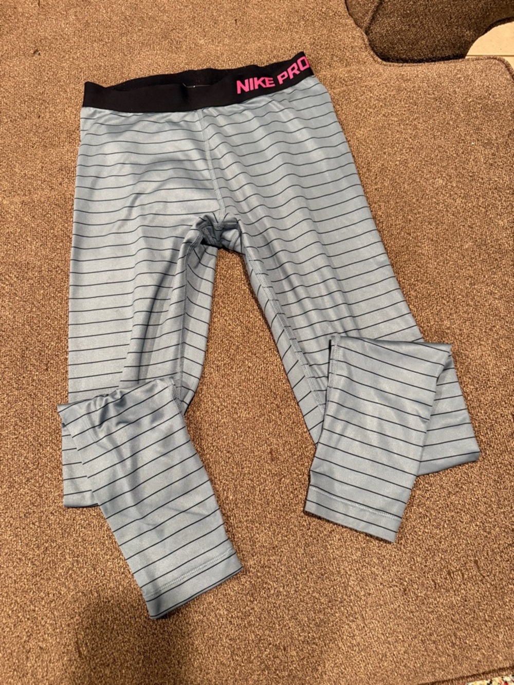 Nike Light Gray Striped Leggings with Pink Waist Logo